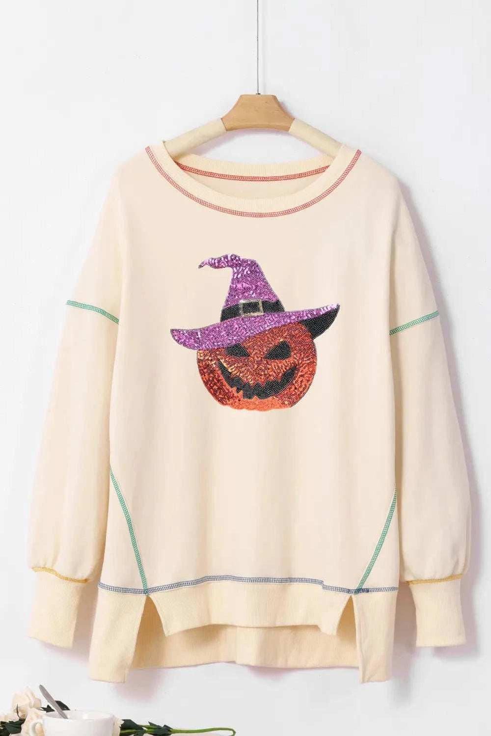 Contrast Stitching Sequin Pumpkin Round Neck Long Sleeve Sweatshirt - Trendsi - Flyclothing LLC