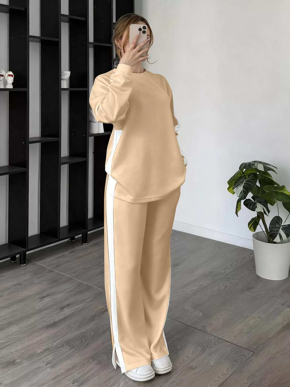 Full Size Contrast Round Neck Top and Pants Set Plus Size - Trendsi - Flyclothing LLC