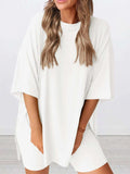 Full Size Oversized Slit Round Neck Top and Shorts Lounge Set Plus Size - Trendsi - Flyclothing LLC
