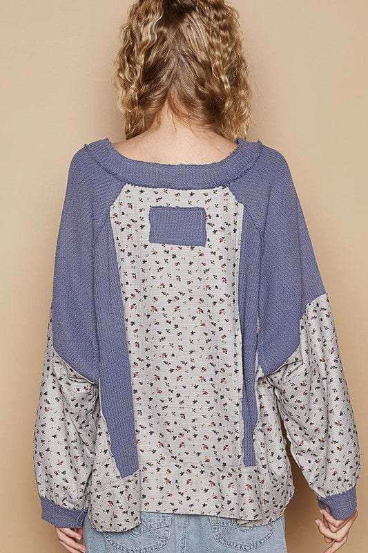 POL Waffle Knit Floral Notched Long Sleeve Top - Trendsi - Flyclothing LLC