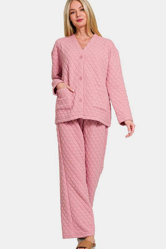 Zenana Quilted Button Up Long Sleeve Top and Pants Lounge Set - Trendsi - Flyclothing LLC