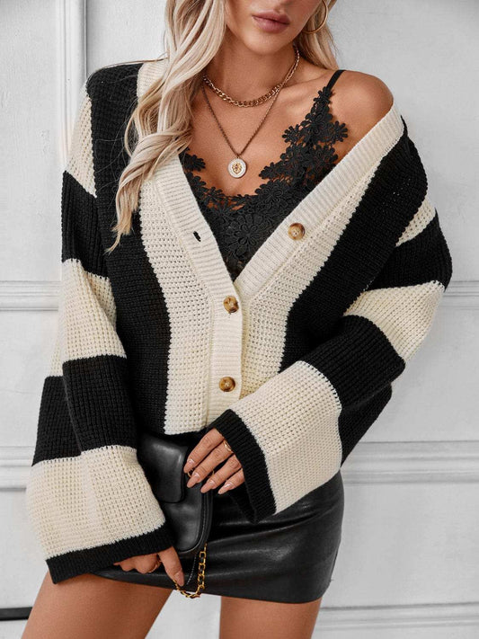 Waffle-Knit V-Neck Striped Long Sleeve Cardigan - Trendsi - Flyclothing LLC