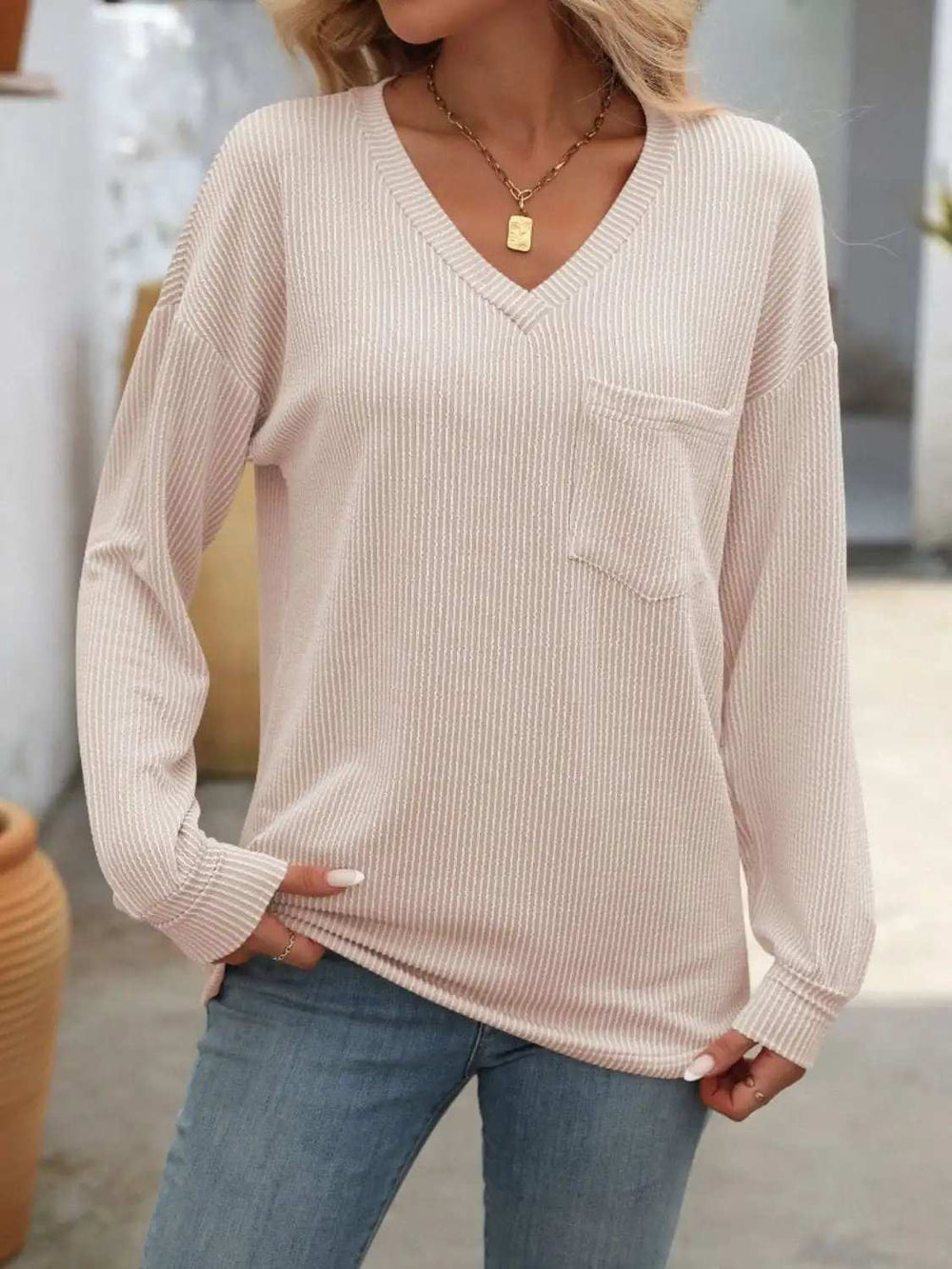 V-Neck Long Sleeve T-Shirt - Trendsi - Flyclothing LLC