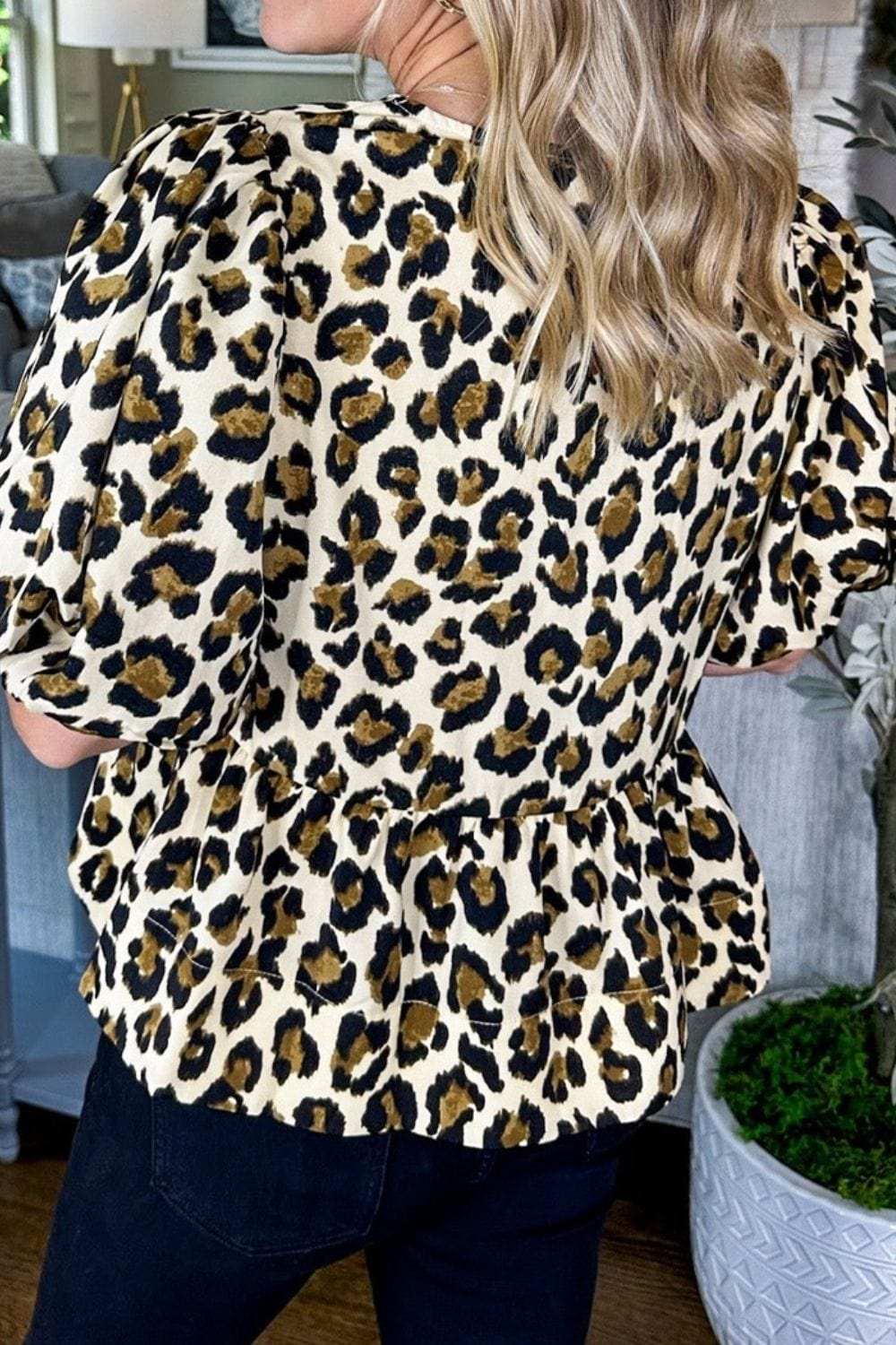 Leopard Bow Tie Front Puff Sleeve Peplum Blouse - Trendsi - Flyclothing LLC