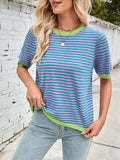 Lovelet Striped Contrast Round Neck Half Sleeve Knit Top - Trendsi - Flyclothing LLC