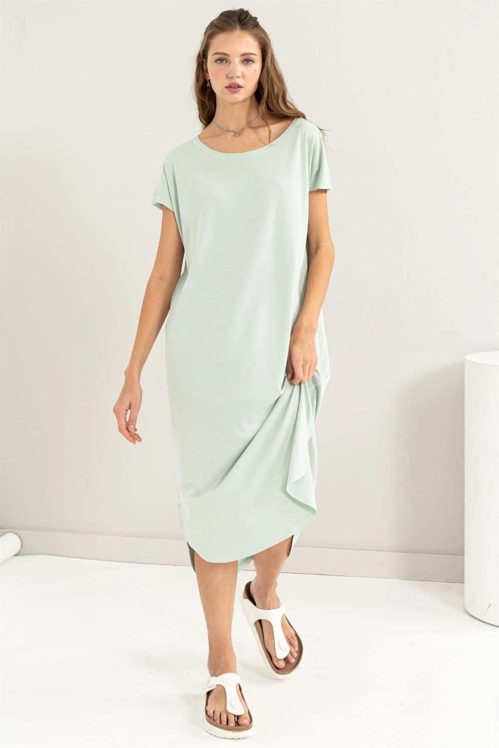 HYFVE Short Sleeve High-Low Slit Midi Dress - Trendsi - Flyclothing LLC