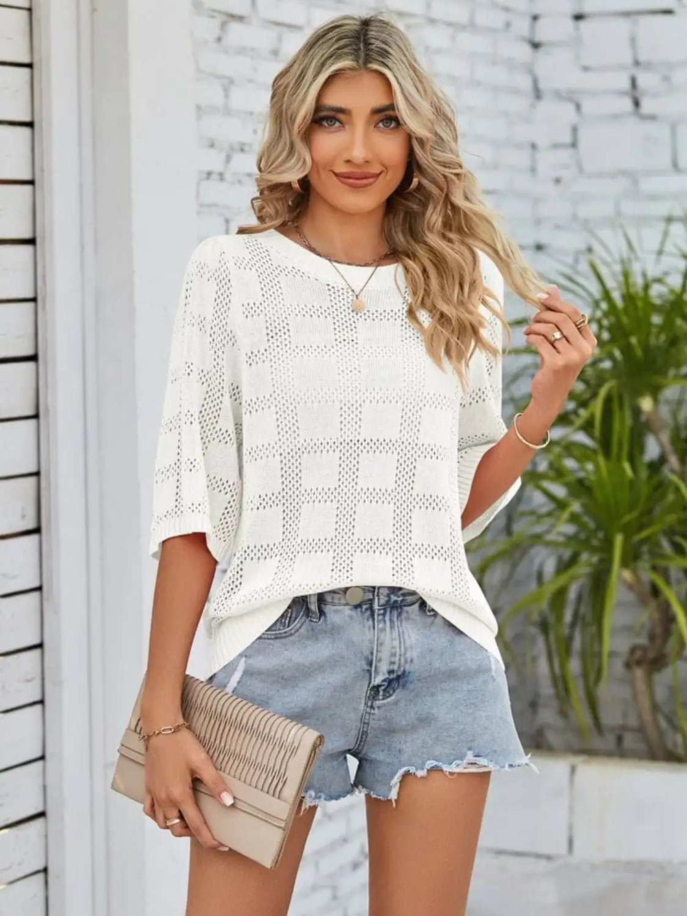 Openwork Round Neck Knit Top - Trendsi - Flyclothing LLC