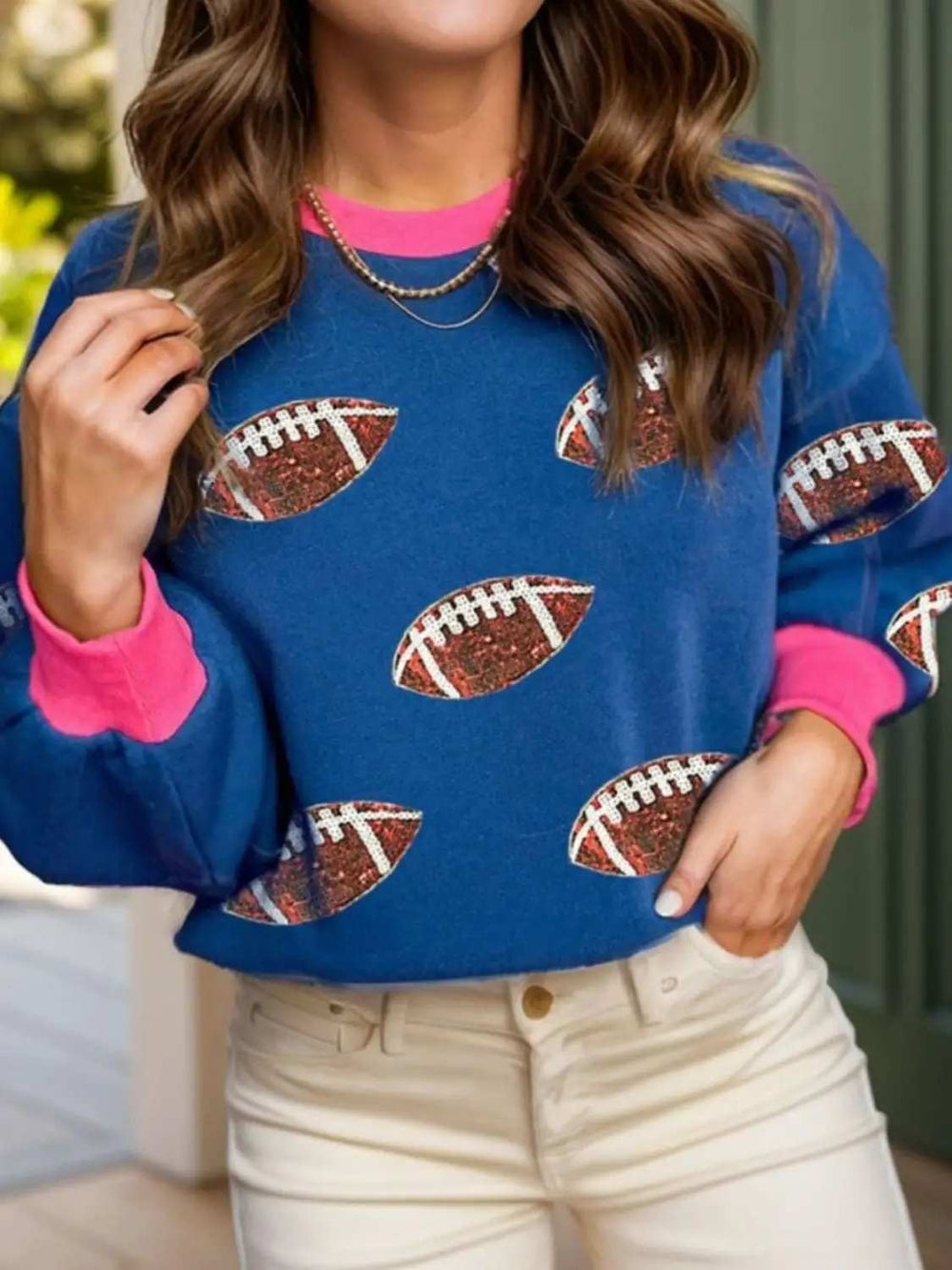 Contrast Football Long Sleeve Sweatshirt - Trendsi - Flyclothing LLC