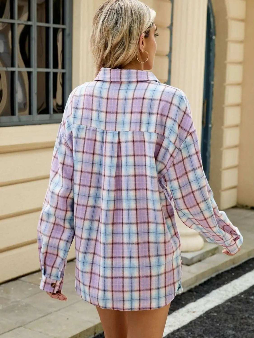 Plaid Collared Neck Long Sleeve Shirt - Trendsi - Flyclothing LLC