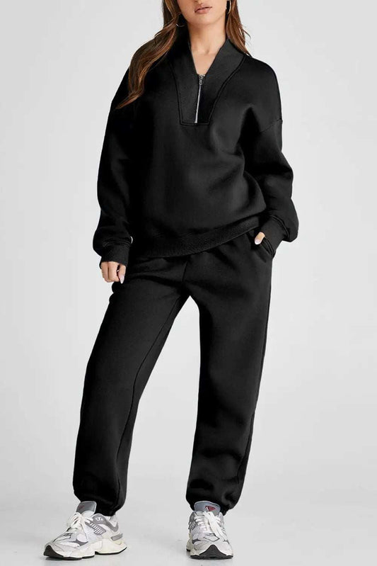 Quarter Zip Long Sleeve Top and Pants Set - Trendsi - Flyclothing LLC