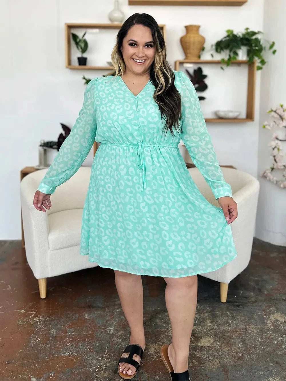 Double Take Full Size Printed Ruched V-Neck Long Sleeve Dress - Trendsi - Flyclothing LLC