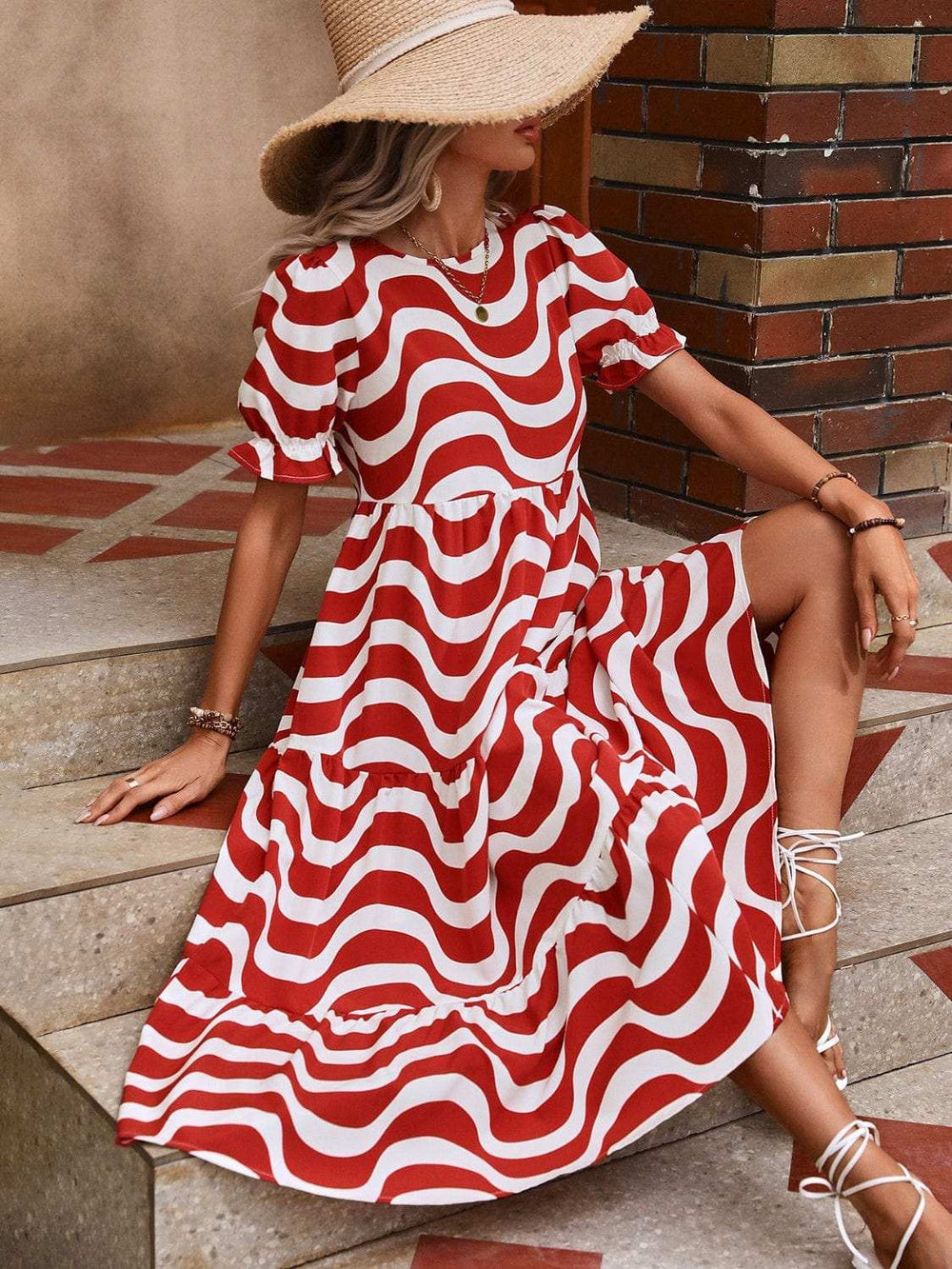 Wavy Striped Round Neck Short Sleeve Dress - Trendsi - Flyclothing LLC
