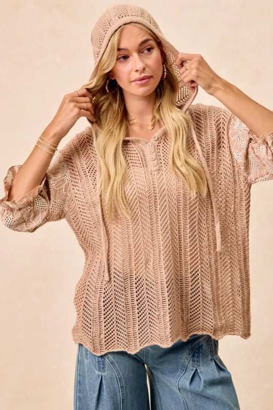 BiBi Jacquard Flower Puff Sleeve Hooded Knit Top - Trendsi - Flyclothing LLC