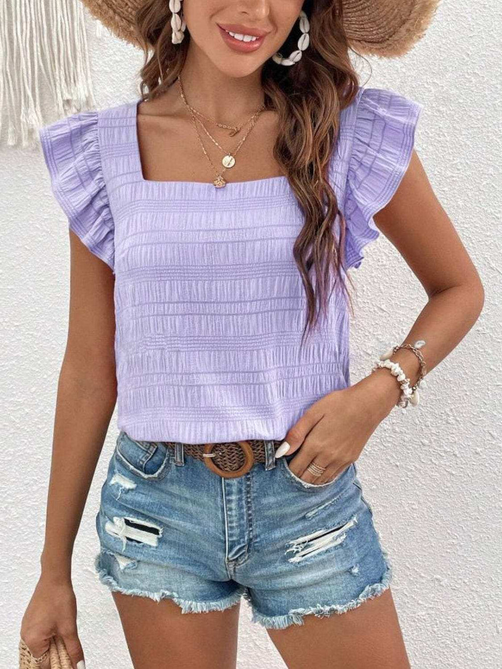Ruffled Square Neck Cap Sleeve Blouse - Trendsi - Flyclothing LLC
