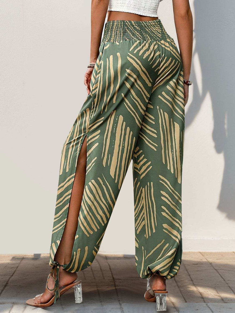 Smocked Slit Printed High Waist Pants - Trendsi - Flyclothing LLC