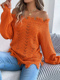 Distressed Hem Openwork Off-Shoulder Sweater - Trendsi - Flyclothing LLC