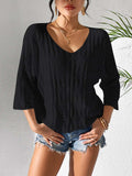 V-Neck Three-Quarter Sleeve Knit Top - Trendsi - Flyclothing LLC