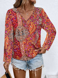 Printed V-Neck Long Sleeve Blouse - Trendsi - Flyclothing LLC