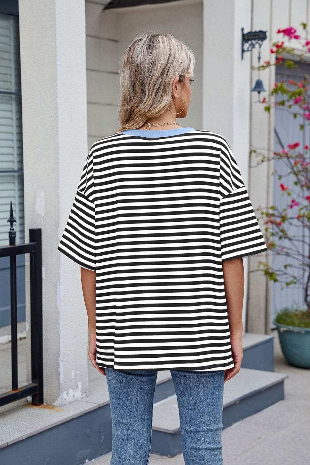 Contrast Striped Round Neck Half Sleeve T-Shirt - Trendsi - Flyclothing LLC