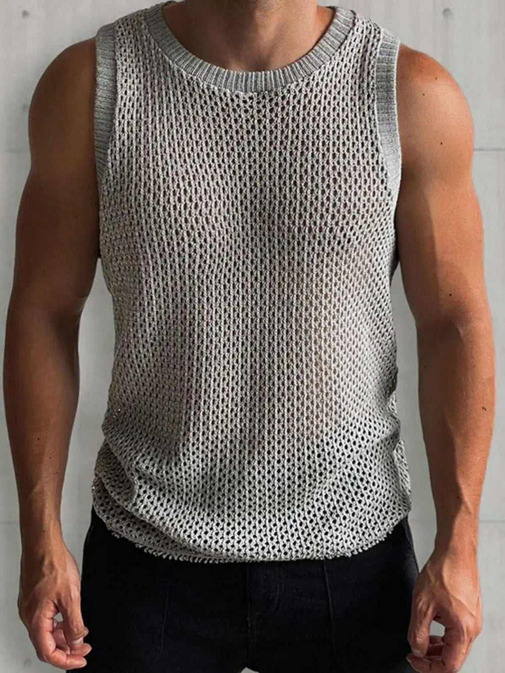 Men's Round Neck Hollow Out Sleeveless Knit Top - Trendsi - Flyclothing LLC