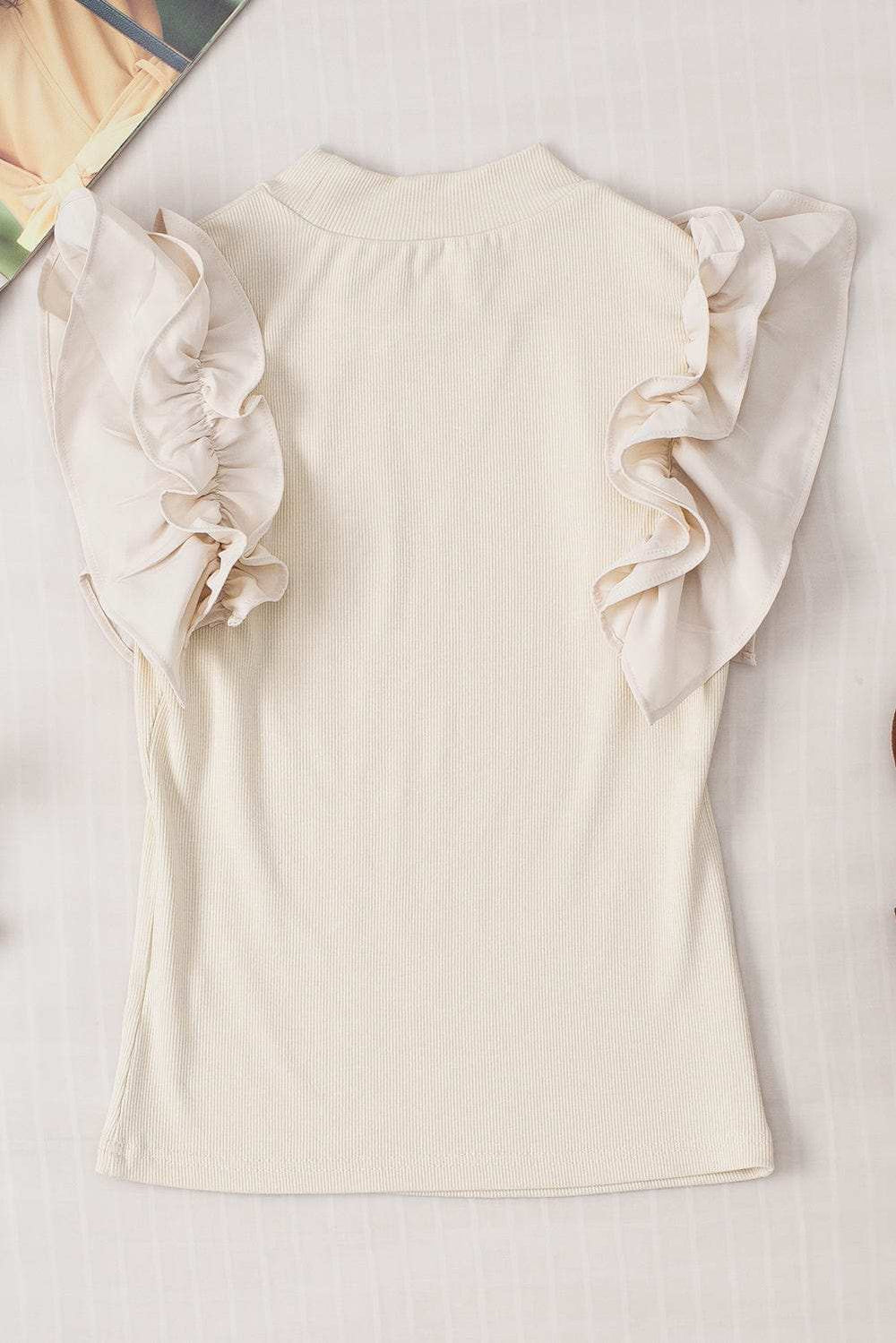 Ruffle Flutter Sleeve Mock Neck Ribbed Top - Trendsi - Flyclothing LLC
