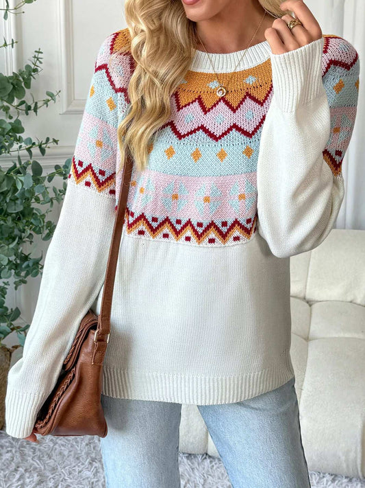 Contrast Round Neck Long Sleeve Sweater - Trendsi - Flyclothing LLC