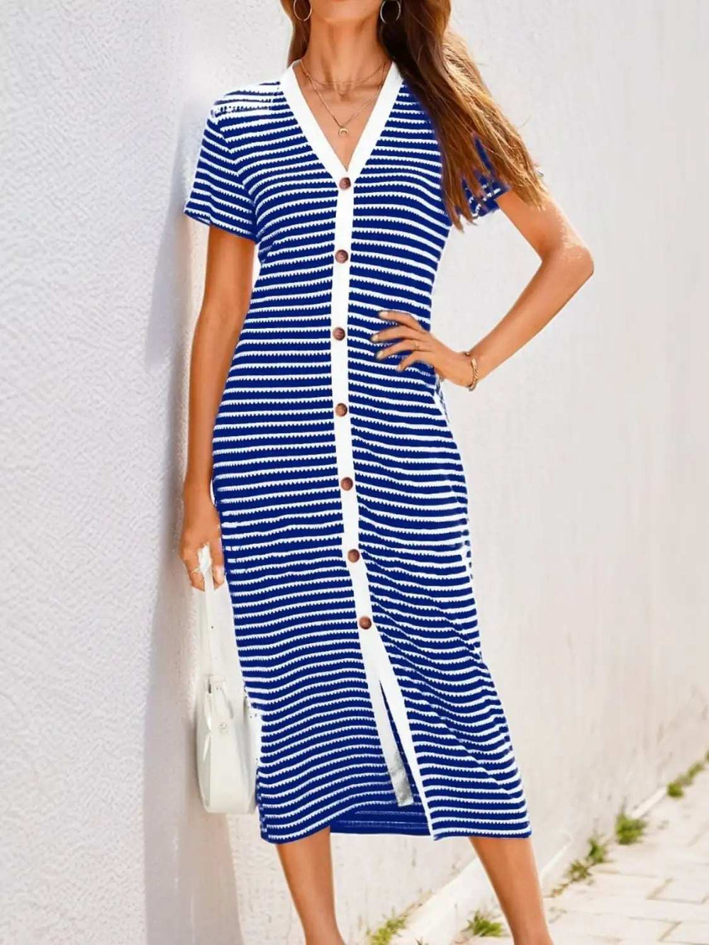 Contrast Striped V-Neck Short Sleeve Midi Dress - Trendsi - Flyclothing LLC