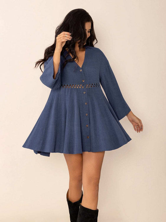 Cutout Johnny Collar Long Sleeve Mini Dress - Trendsi - Flyclothing LLC