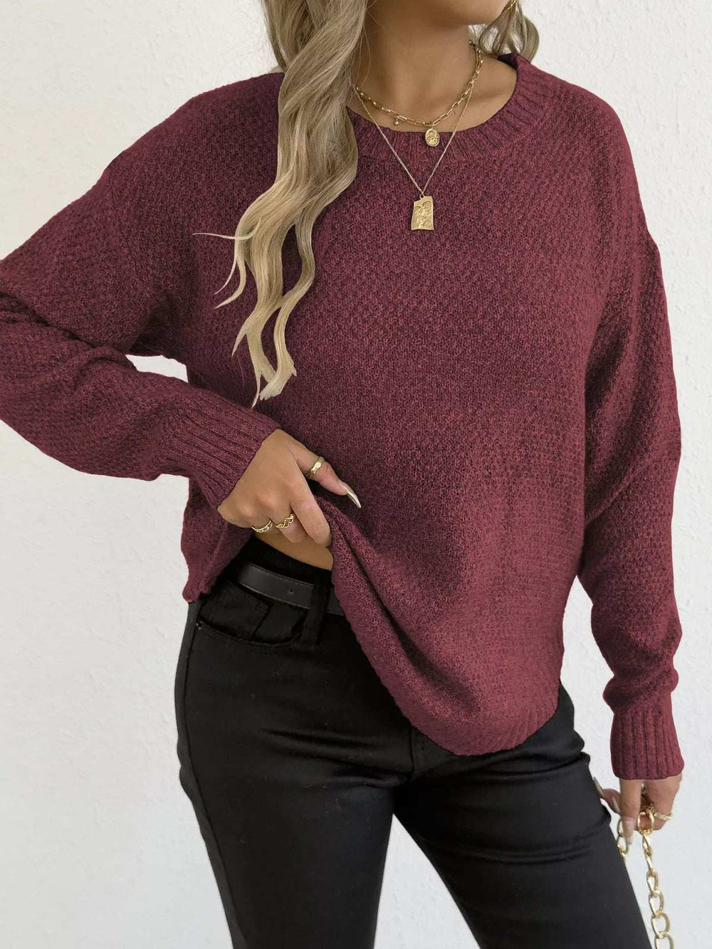 Textured Knit Relaxed Fit Round Neck Sweater - Trendsi - Flyclothing LLC