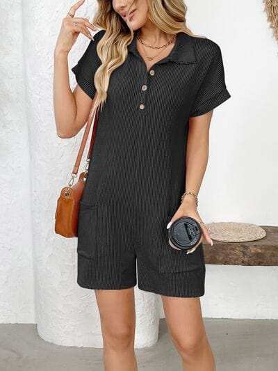 Button Detail Collared Neck Short Sleeve Romper - Trendsi - Flyclothing LLC