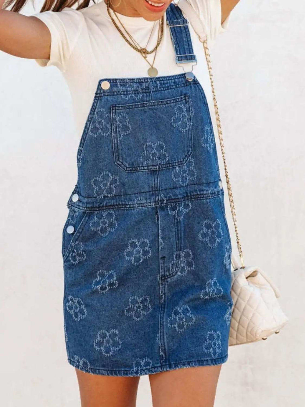 Flower Wide Strap Denim Overall Dress with Pockets - Trendsi - Flyclothing LLC