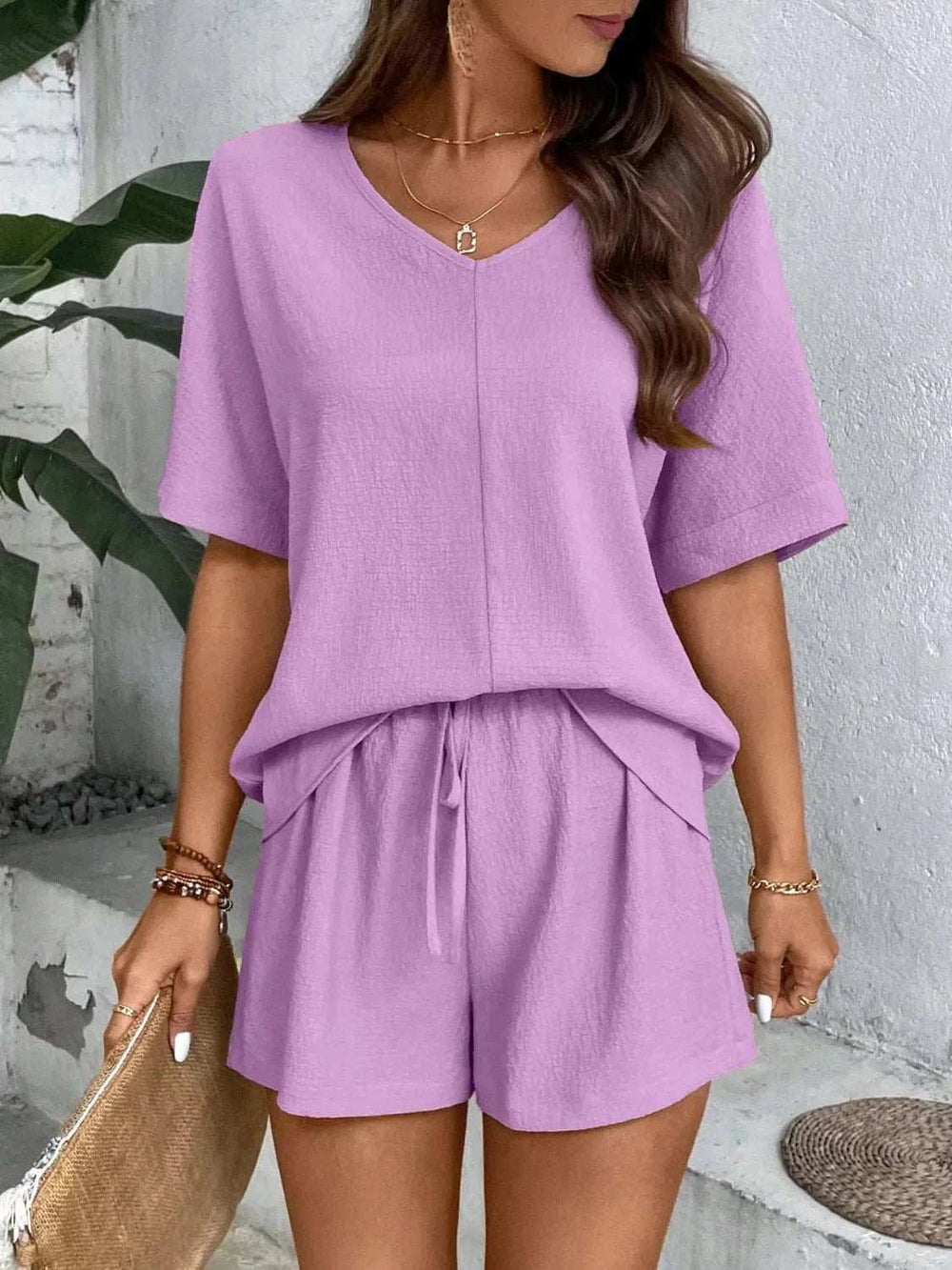 V-Neck Half Sleeve Top and Shorts Set - Trendsi - Flyclothing LLC