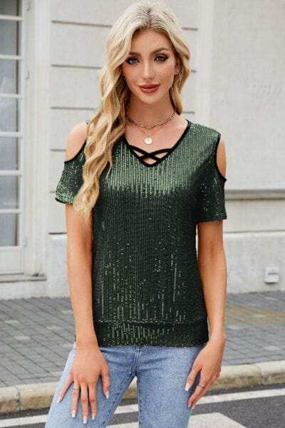 Sequin Cold Shoulder Short Sleeve Blouse - Trendsi - Flyclothing LLC