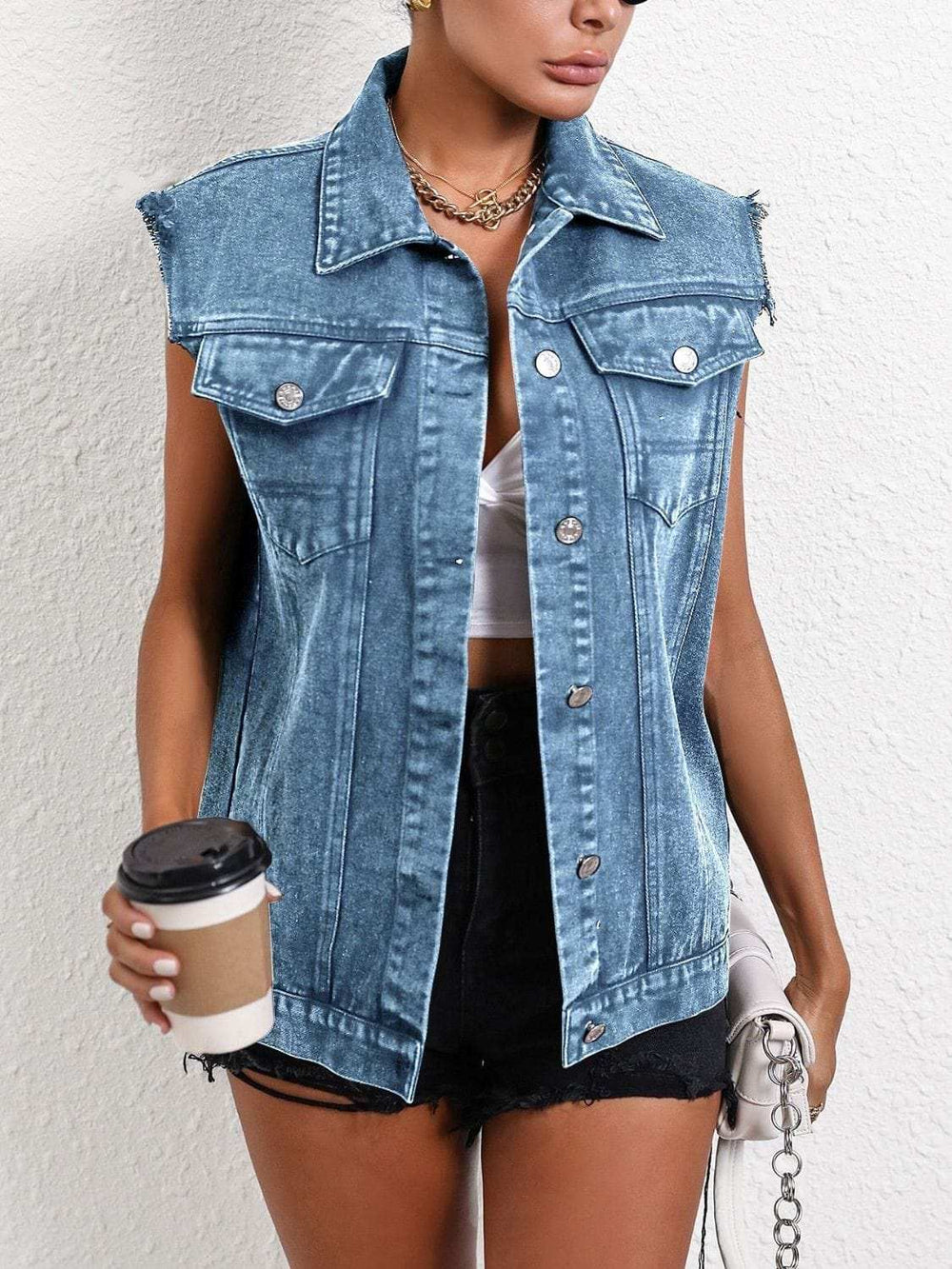 Pocketed Collared Neck Sleeveless Denim Top - Trendsi - Flyclothing LLC