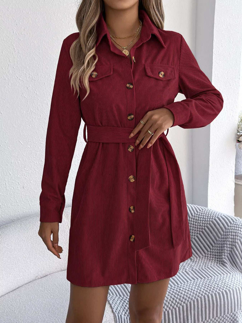 Button-Front Corduroy Shirt Dress - Trendsi - Flyclothing LLC