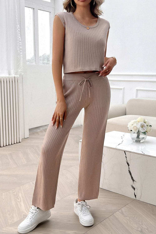 Ribbed Round Neck Top and Pants Set - Trendsi - Flyclothing LLC