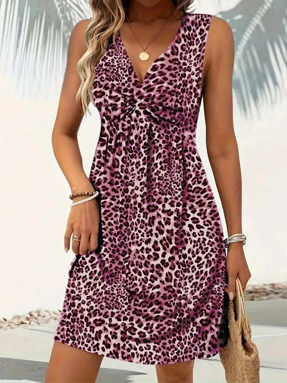 Leopard V-Neck Sleeveless Mini Dress - Trendsi - Flyclothing LLC