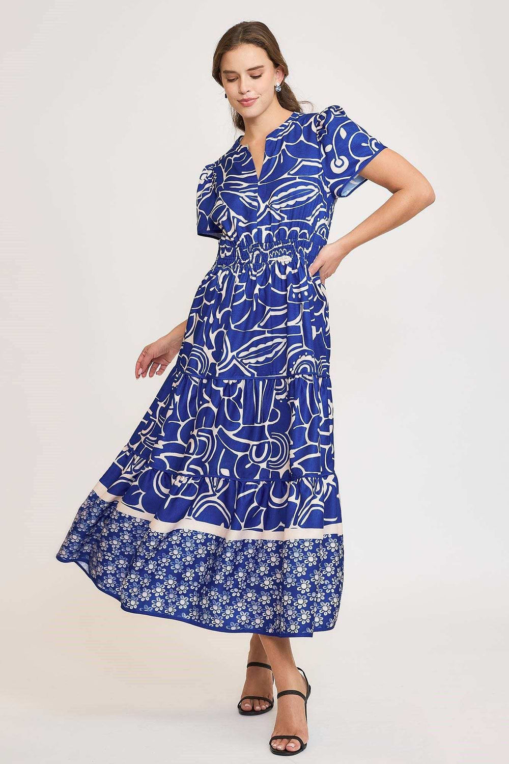 Umgee Full Size Printed Notched Short Sleeve Tiered Dress Plus Size - Trendsi - Flyclothing LLC