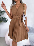 Tied Surplice Sleeveless Pleated Dress - Trendsi - Flyclothing LLC