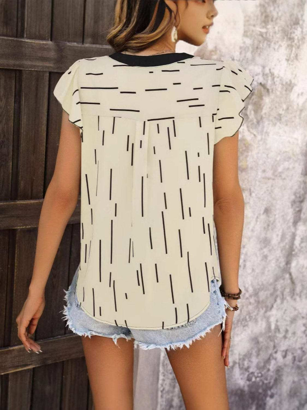 Notched Ruffled Cap Sleeve Blouse - Trendsi - Flyclothing LLC