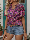 Printed Notched Flutter Sleeve Blouse - Trendsi - Flyclothing LLC