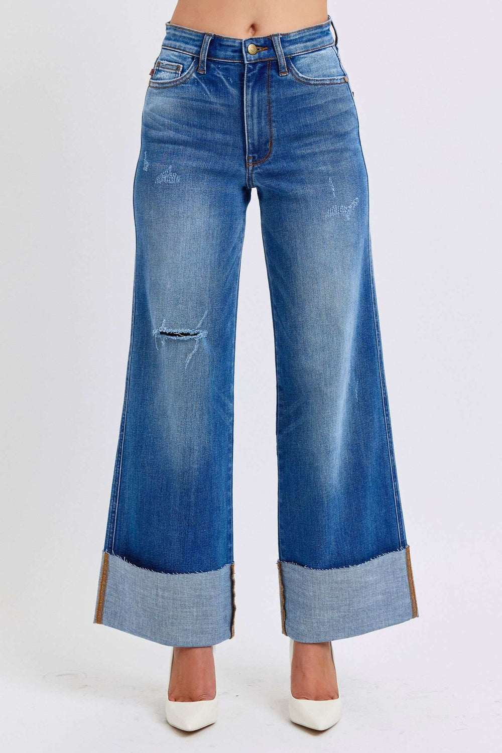 Judy Blue Full Size Distressed High Waist Wide Leg Jeans - Trendsi - Flyclothing LLC