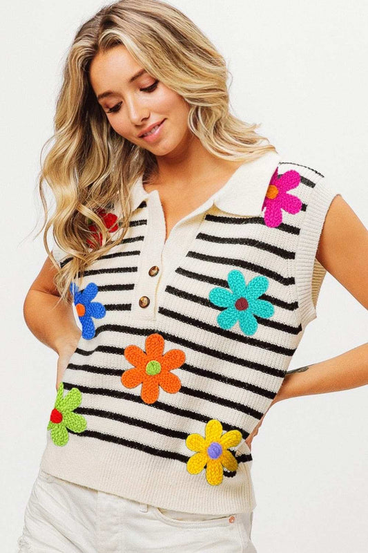 BiBi Flower Patch Striped Half Button Sweater Vest - Trendsi - Flyclothing LLC