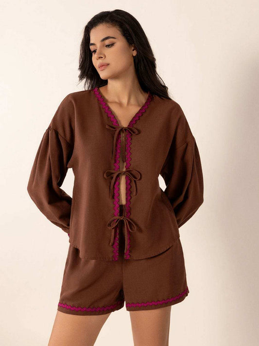 Tied V-Neck Long Sleeve Top and Shorts Set - Trendsi - Flyclothing LLC