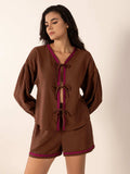 Tied V-Neck Long Sleeve Top and Shorts Set - Trendsi - Flyclothing LLC