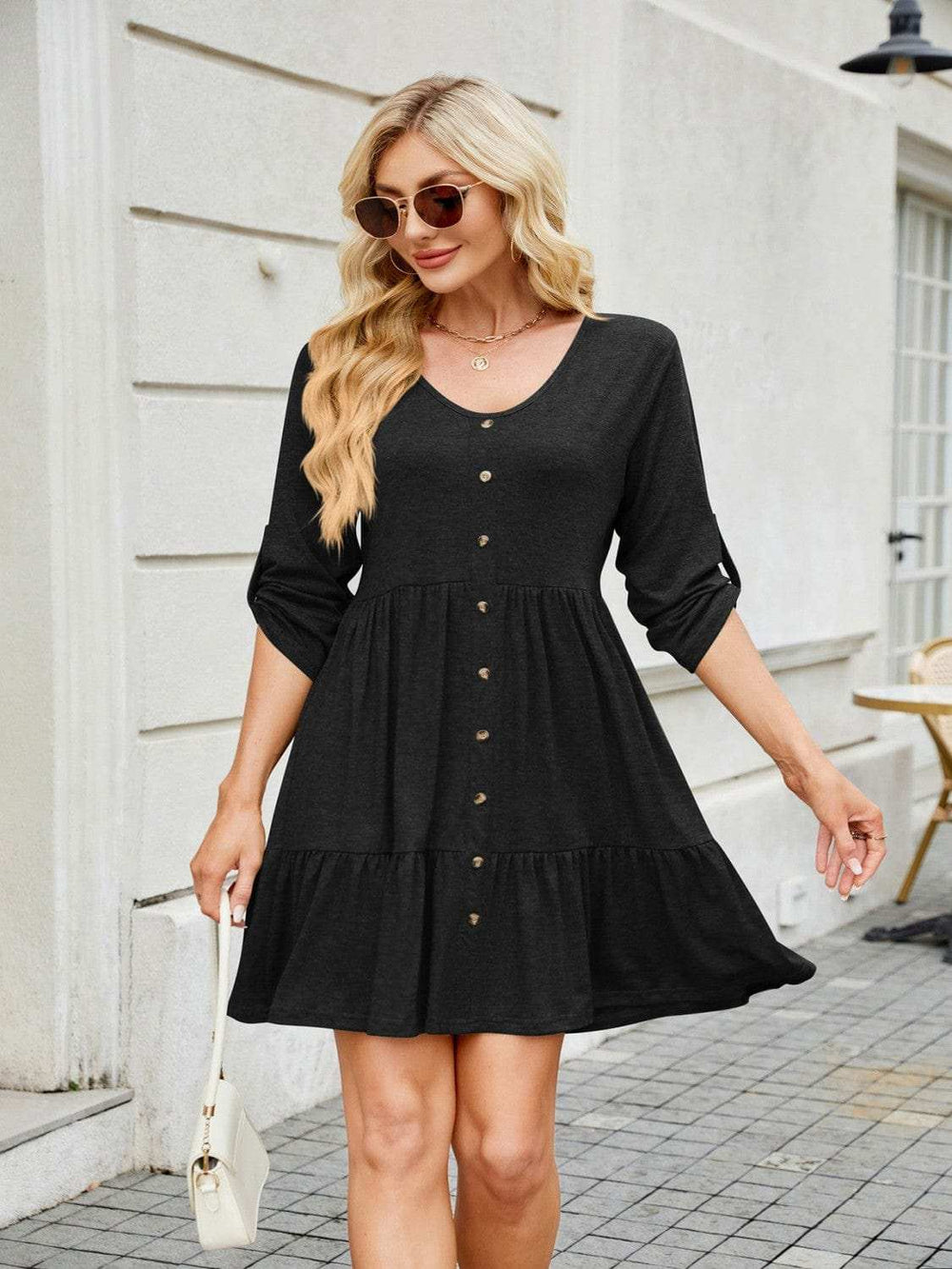 Tiered Ruched V-Neck Mini Dress - Trendsi - Flyclothing LLC