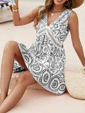Printed V-Neck Sleeveless Mini Dress - Trendsi - Flyclothing LLC