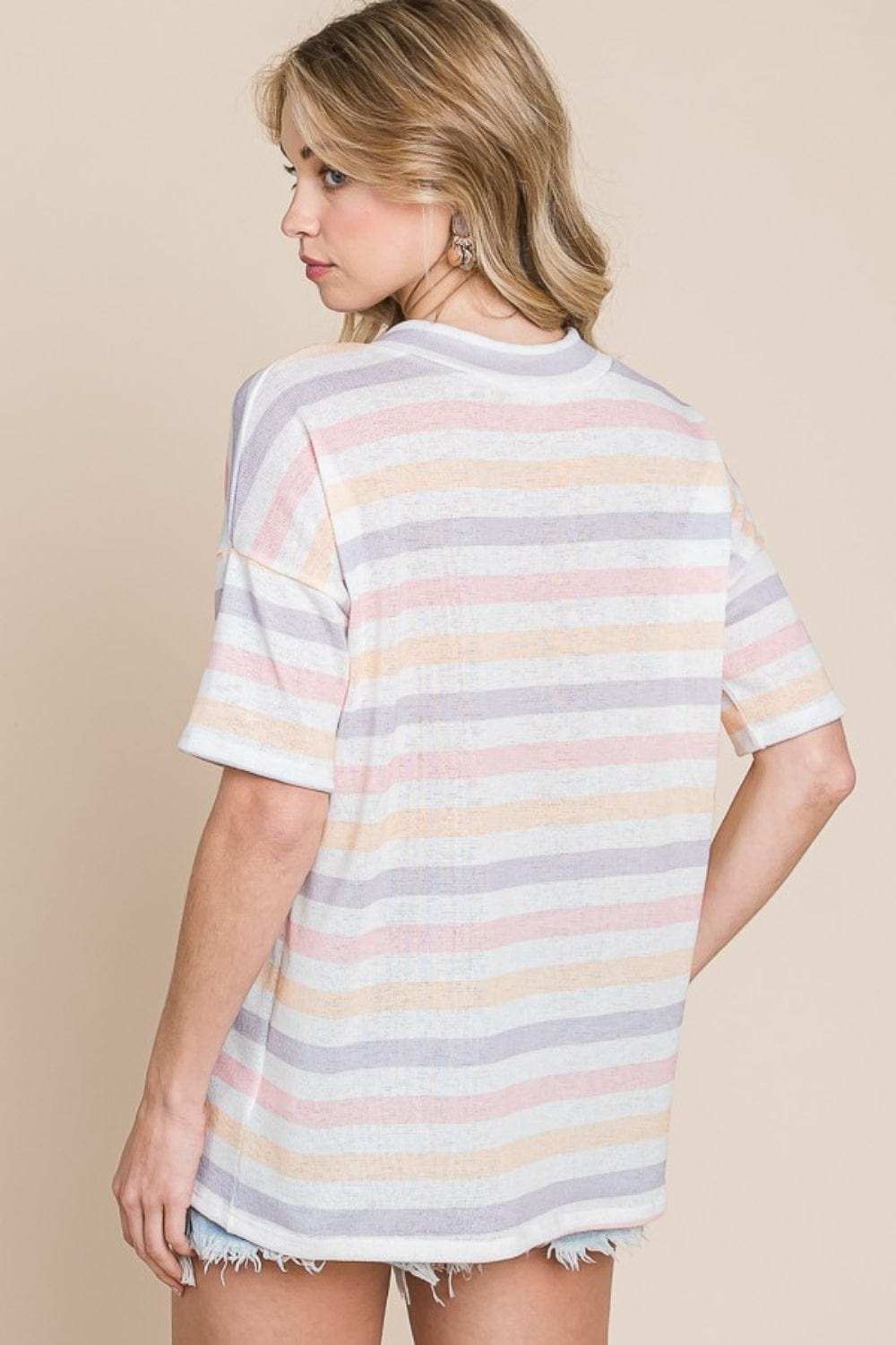 BOMBOM Striped V-Neck Short Sleeve T-Shirt - Trendsi - Flyclothing LLC