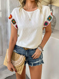 Devine Swiss Dot Round Neck Crochet Short Sleeve Top - Trendsi - Flyclothing LLC