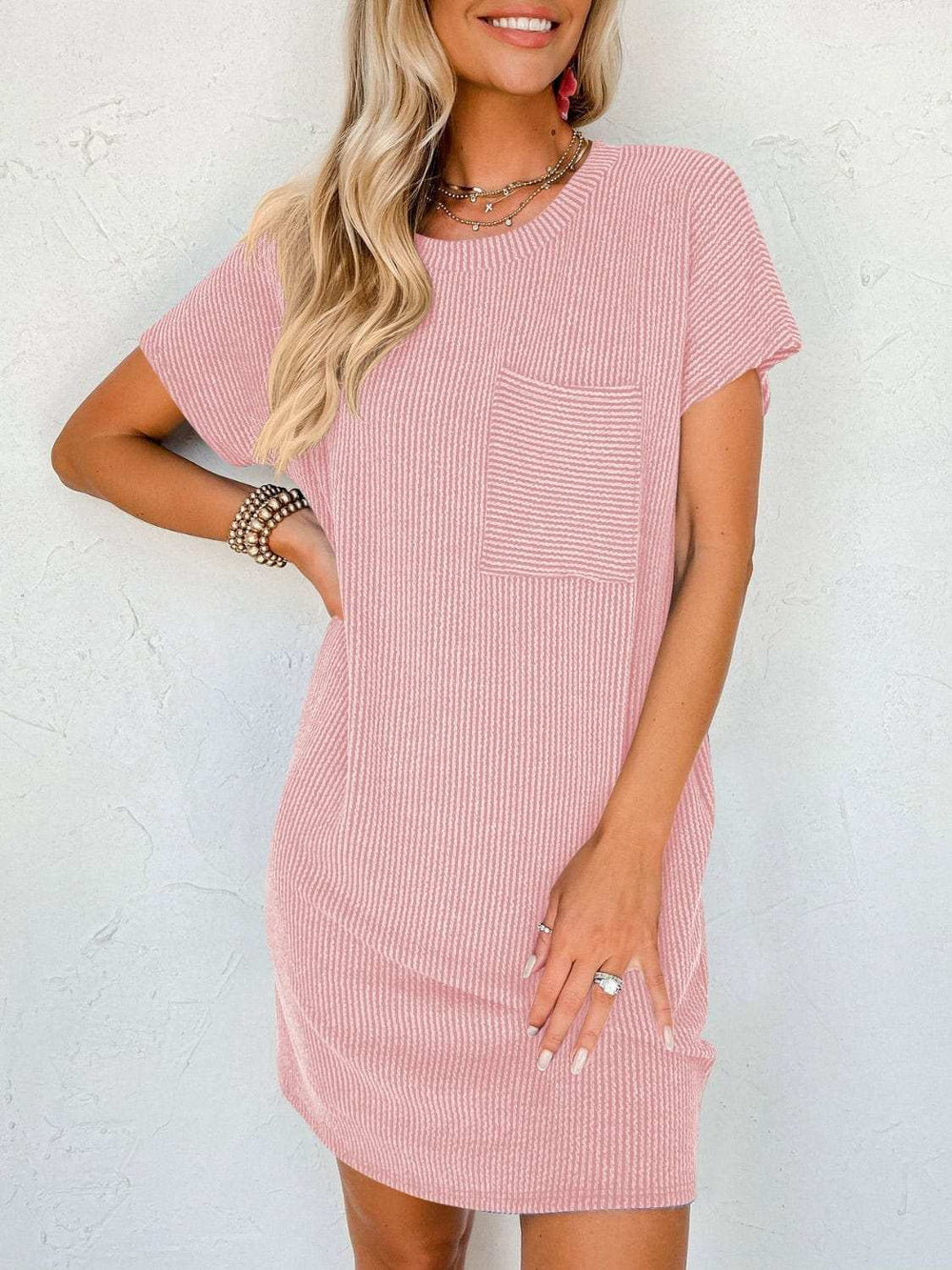 Round Neck Short Sleeve Mini Dress - Trendsi - Flyclothing LLC